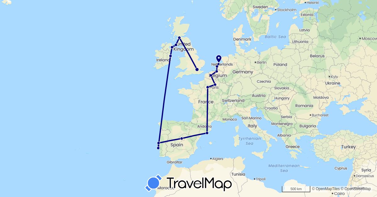 TravelMap itinerary: driving in Belgium, Spain, France, United Kingdom, Ireland, Netherlands, Portugal (Europe)